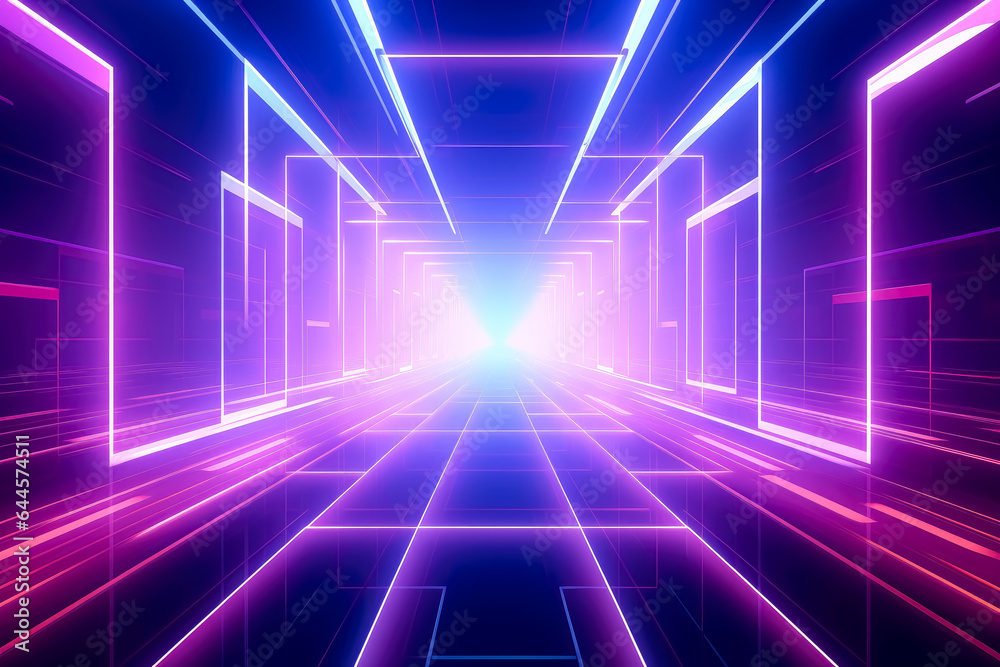 Neon tunnel gradient background with red, pink and blue colors, poster, rustic futurism, light emerald and magenta, rainbow tunnel with neon lights.