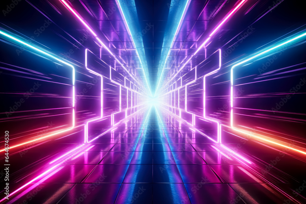 Neon tunnel gradient background with red, pink and blue colors, poster, rustic futurism, light emerald and magenta, rainbow tunnel with neon lights.