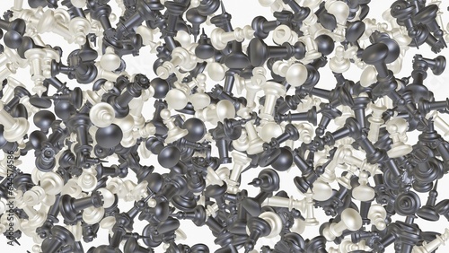 Background of many chess pieces. A lot of black and white chess pieces in any position on a white background. 3D Illustration