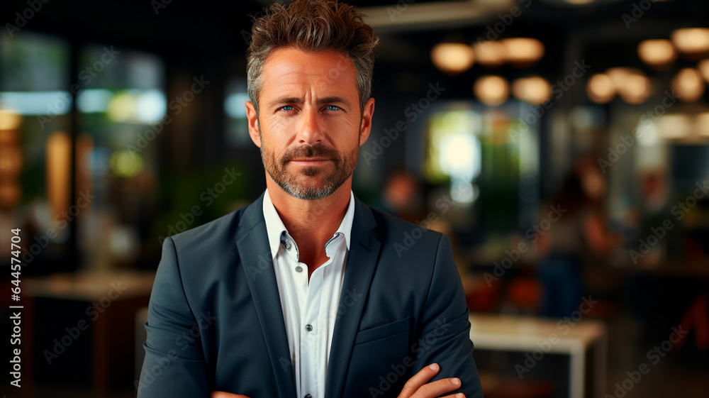  a man in a suit and tie standing with his arms crossed