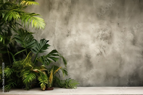 Grey concrete wall texture with tropical green leaves
