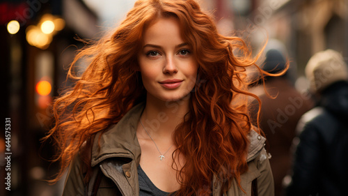  a woman with red hair and a jacket