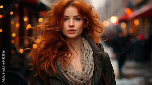  a woman with red hair and a jacket
