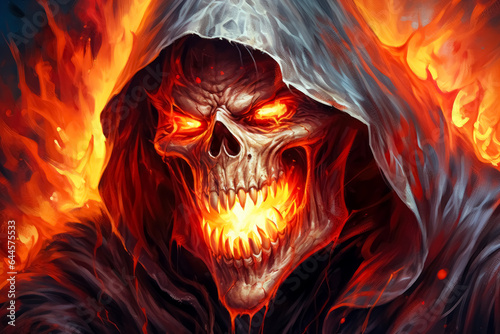 Grim reaper wearing a hood and burning in flames, hellish background. 