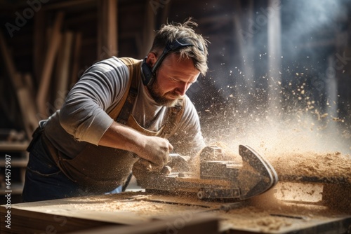 Carpenter blowing sawdust from wooden plank