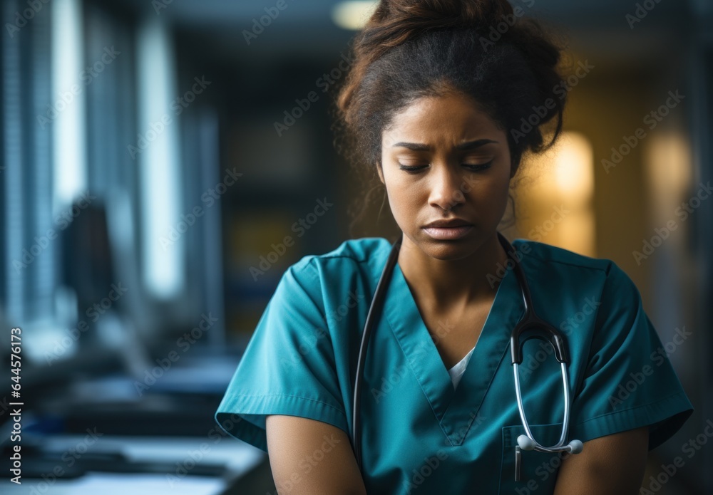 Tired medical nurse in a hospital at night time Tired medical nurse in a hospital at night time