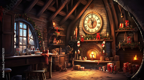interior christmas. magic glowing tree  fireplace and gifts