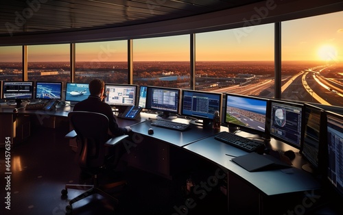 Air traffic controller in airport tower office room with full desktop computer displays with navigation screens, airplane departure and arrival data for team Generative AI