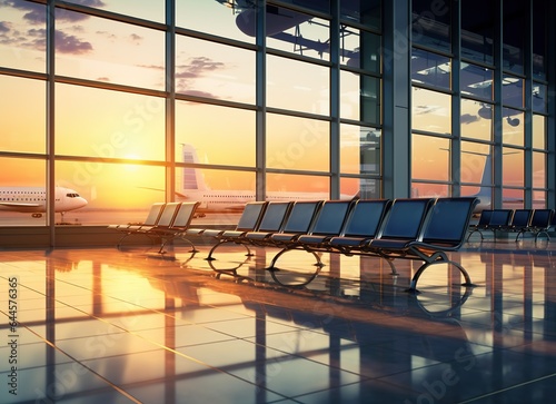 Empty chairs in departure hall of airport on background of plane, empty hall of airport terminal and sunset sun, concept of travel and transport Generative AI