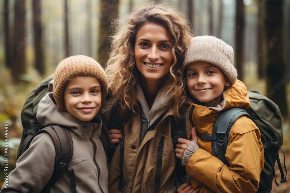 happy family Mother and child carry backpacks and go hiking in the forest. happy family Mother and child carry backpacks and go hiking in the forest.