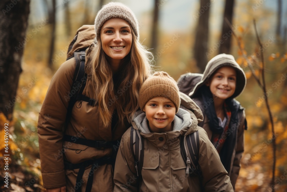 happy family Mother and child carry backpacks and go hiking in the forest.