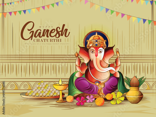 happy Ganesh Chaturthi traditional vector greetings,Design with ganpati Indian design color background.
