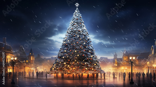 big beautiful Christmas Tree with decorations and Illuminations in snowy night. New Year and Christmas holiday background. Festive winter city landscape.
