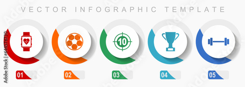 Sport icon set, miscellaneous icons such as smartwatch, football, darts, cup and fitness, flat design vector infographic template, web buttons in 5 color options