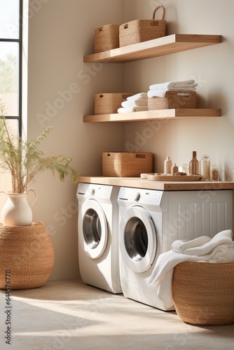 Countryside farm house laundry room interior with washing machine and baskets, interior in a cottage in a rustic style © lublubachka