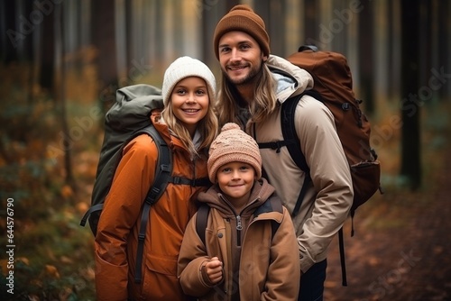 happy family Mother and child carry backpacks and go hiking in the forest.