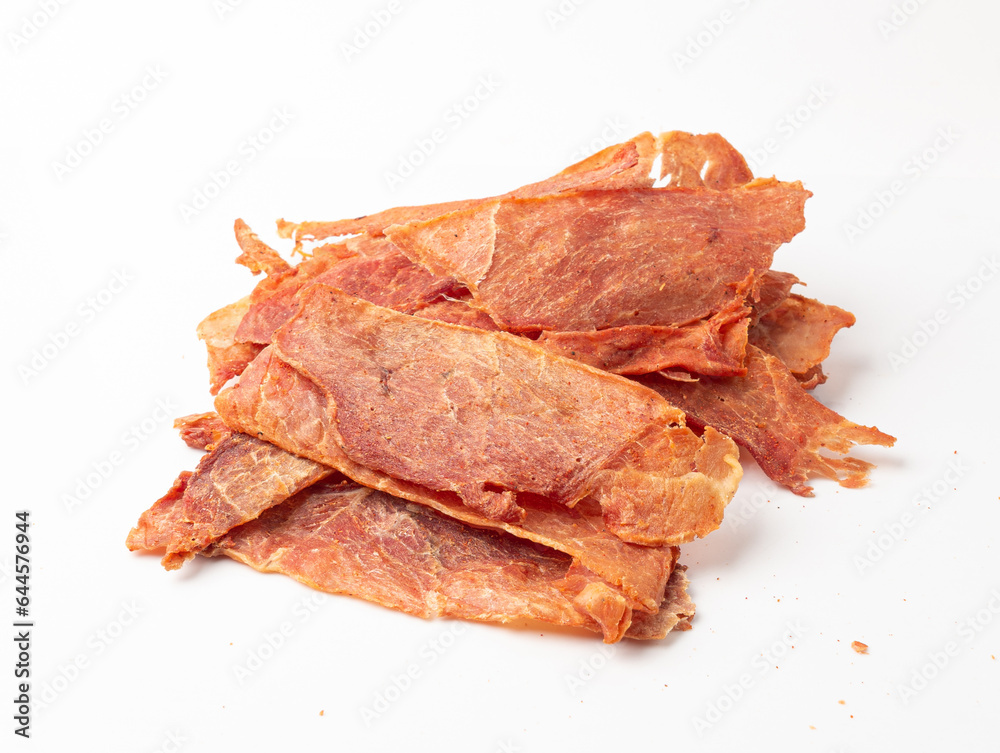 Meat Jerky Isolated, Dry Salted Chicken Slices, Small Pieces of Dehydrated Beef, Beer Snacks, Dried Pork Meat Jerky Isolated, Dry Salted Chicken Slices, Small Pieces of Dehydrated Beef, Beer Snacks, Dried Pork