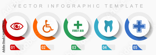 Hospital icon set, miscellaneous icons such as eye, wheelchair, first aid, dentist and cross, flat design vector infographic template, web buttons in 5 color options
