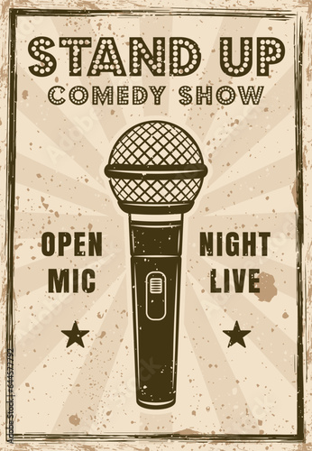 Stand up comedy show poster in vintage colored style. Vector illustration with grunge textures and text on separate layers