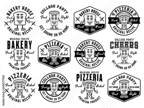 Food and drinks cartoon characters set of vector emblems, badges, labels or logos in monochrome style isolated on white background