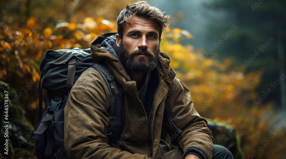 Obraz premium man in hiking gear, complete with a huge backpack