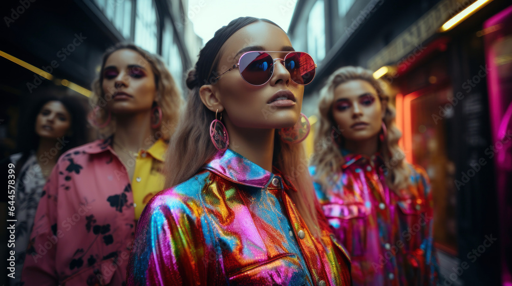 group of friends dressed in neon festival attire