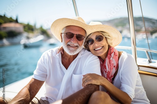 a beautiful stylish mature caucasian traditional couple enjoying sightseeing on a vacation, sailing on a boat. retirement activity concept
