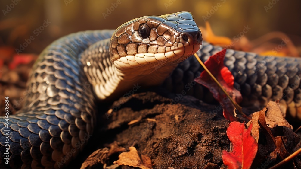 Fototapeta premium A breathtaking shot of a King Cobra his natural habitat, showcasing his majestic beauty and strength.