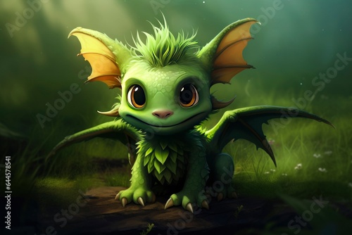 cute smile gragon sitting in the green forest nature