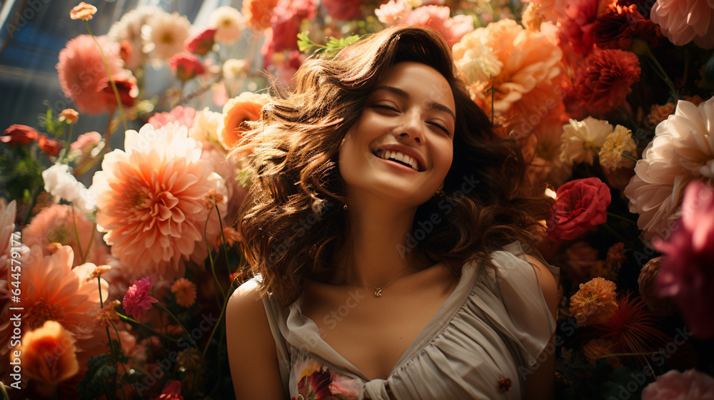  a woman smiling in front of a wall of flowers