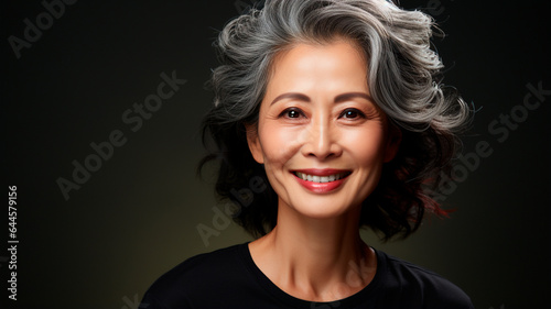  a woman with grey hair and a white shirt