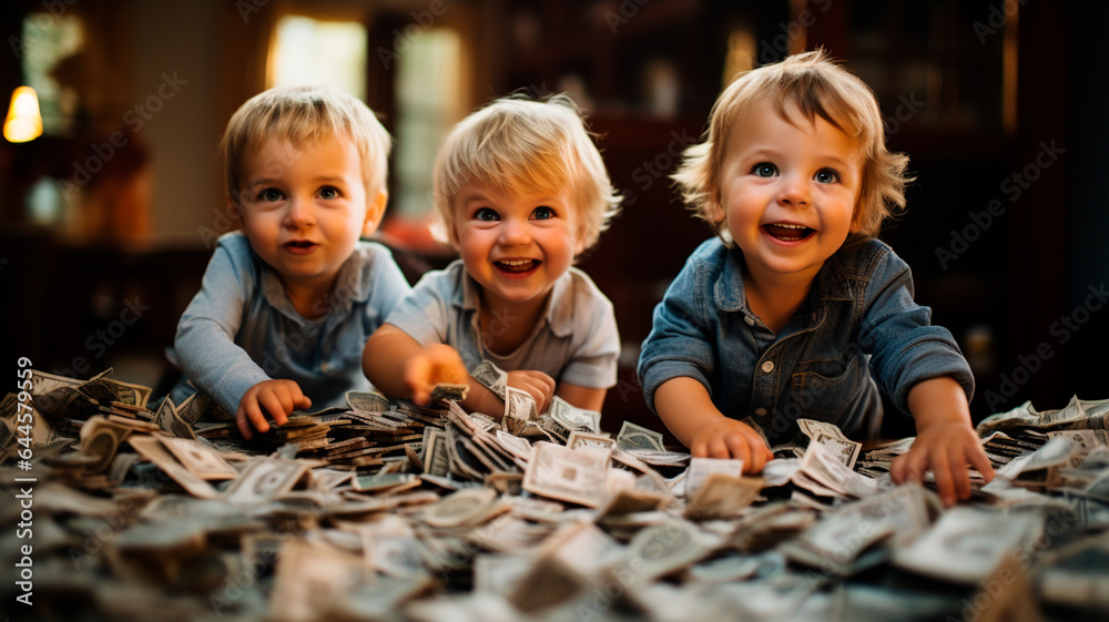 two children playing with money in a room two children playing with money in a room
