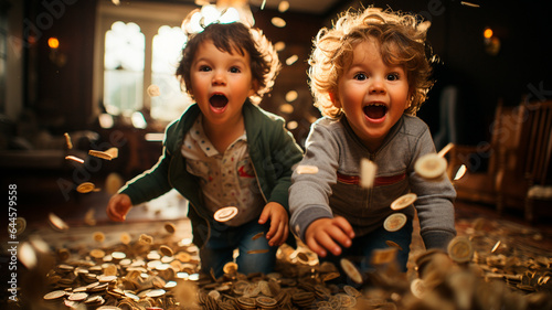  two children playing with money in a room