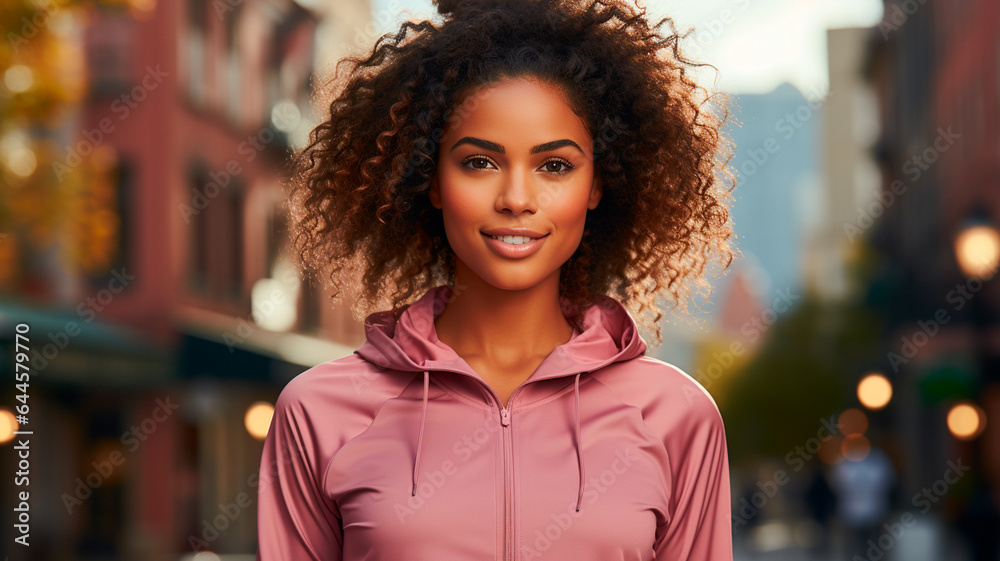 Fototapeta premium a woman with curly hair and a pink jacket