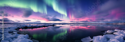 A frozen tundra under Northern Lights, ethereal green and purple skies, icy surface reflecting colors