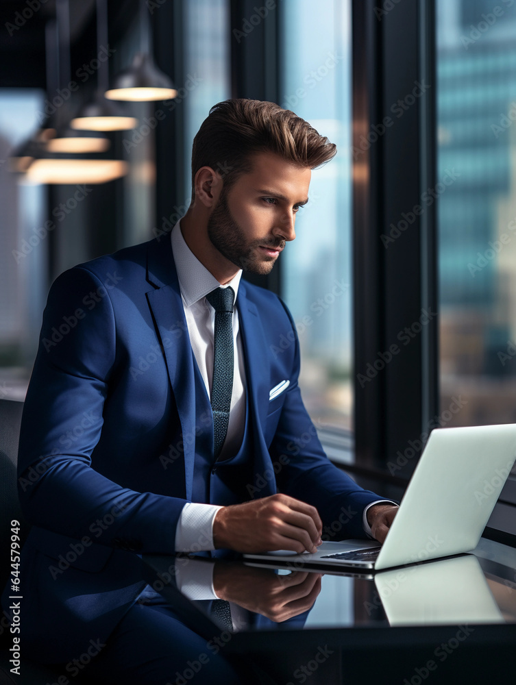 a businessman in a tailored navy - blue suit, focused look while using a laptop, skyscraper views in the background, indoor, ambient light from the window