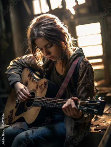Young woman intensely playing the guitar in a derelict building, daylight breaking through the windows, dust particles in the air, emotionally - charged scene, detailed facial e