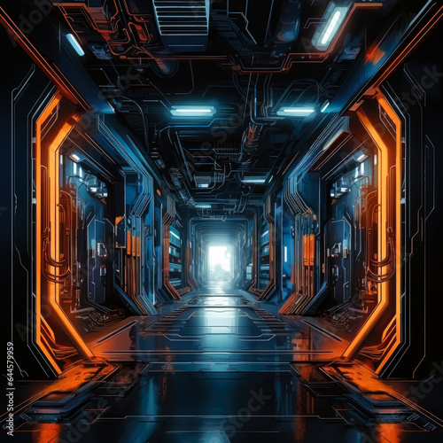 Futuristic spacecraft tunnel with glowing lighting, architectural grids, abstract cybernetic, futuristic scene in space, futuristic space corridor.
