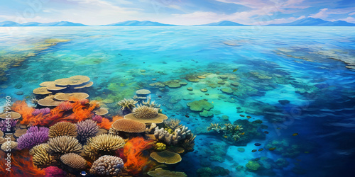 aerial view of a coral reef, vivid colors under crystal - clear waters, sunbeams penetrating the ocean