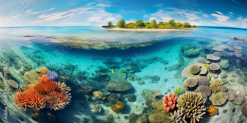 aerial view of a coral reef  vivid colors under crystal - clear waters  sunbeams penetrating the ocean