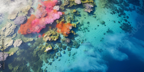 Fototapeta Naklejka Na Ścianę i Meble -  aerial view of a coral reef, vivid colors under crystal - clear waters, sunbeams penetrating the ocean