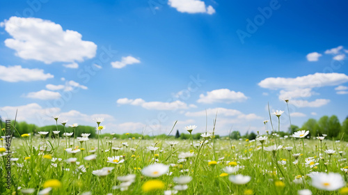 Idyllic spring meadow, wildflowers in full bloom, fluttering butterflies, bright sunny day with wispy clouds