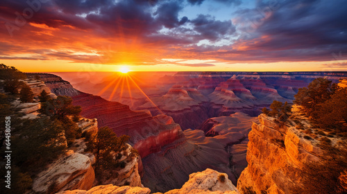 Majestic sunset over the Grand Canyon, warm golden and orange hues, deep shadows revealing intricate textures