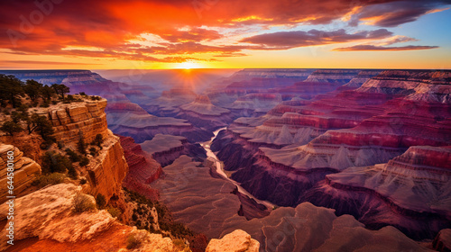 Majestic sunset over the Grand Canyon  warm golden and orange hues  deep shadows revealing intricate textures