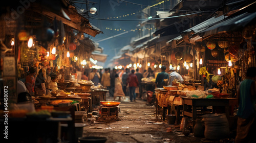 Night bazaar in a Southeast Asian city, photorealistic, vendors with colorful stalls, exotic foods, string lights, busy crowd