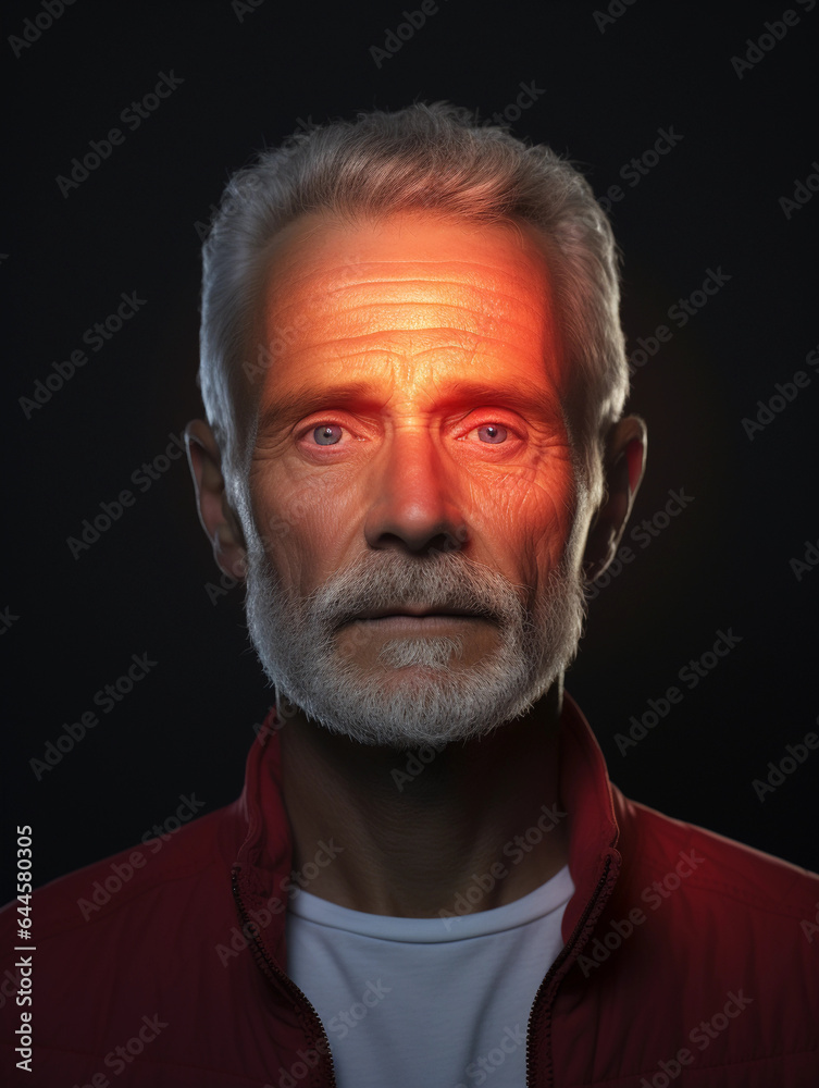 man under LED light therapy, multiple colors glowing on his face, serene expression
