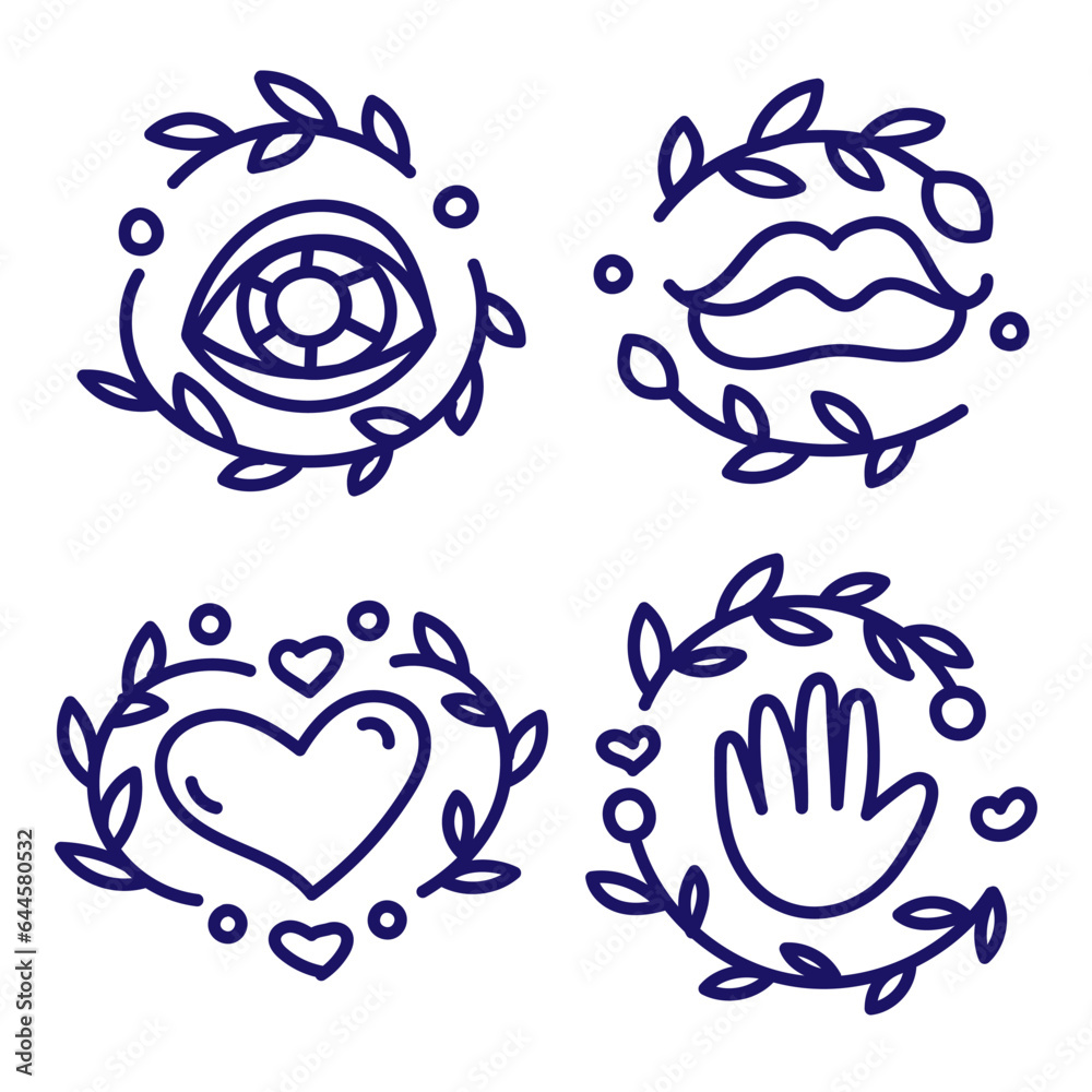 Linear vector set illustration of heart, eyes, hands, lips Linear vector set illustration of heart, eyes, hands, lips