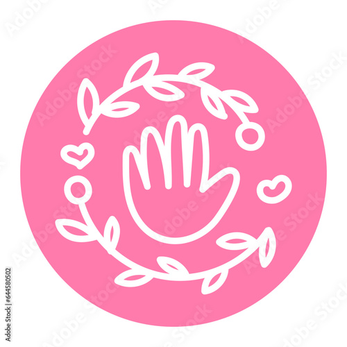 Linear vector sticker of hand on pink background