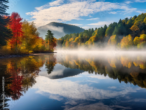 Scenic autumn vista, mountains covered in fall foliage, a tranquil lake reflecting the vibrant colors, misty morning