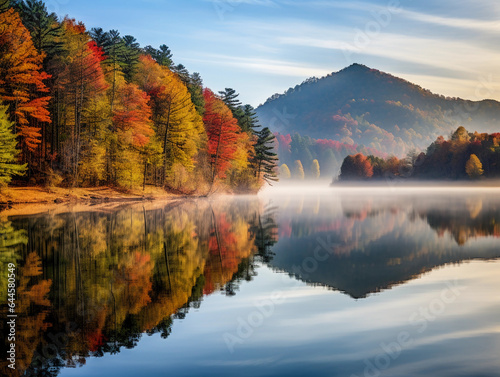 Scenic autumn vista, mountains covered in fall foliage, a tranquil lake reflecting the vibrant colors, misty morning